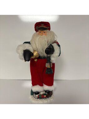 Santa Claus Figurine Red Green Outfit Faux Fur Train Accessories Vintage 16.5"